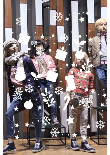 Kardan Adam Balonlar Taç Desenler Kar Tanesi ve Yılbaşı Ağacı Vitrin Süslemeleri 70X70CM