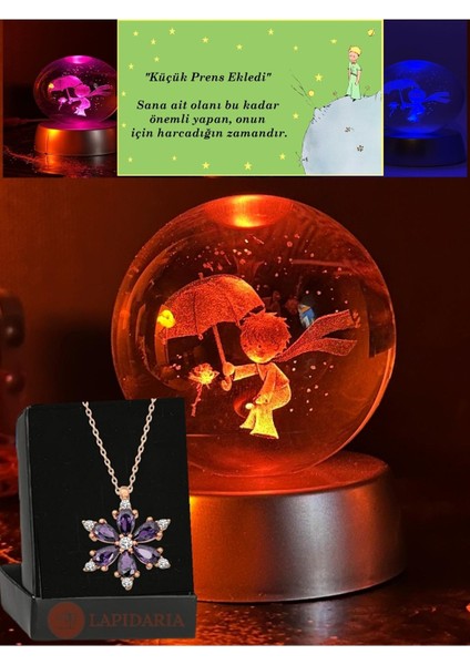 Renk Değiştiren LED Işıklı Küçük Prens Kristal Little Prince Lamba Kar Küresi ve Lotus Çiçeği Kolye