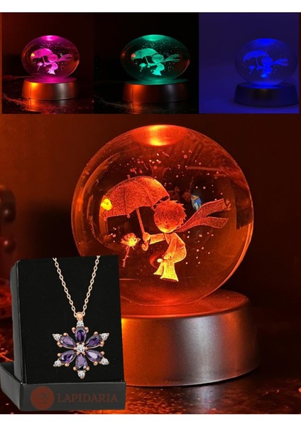 Renk Değiştiren LED Işıklı Küçük Prens Kristal Little Prince Lamba Kar Küresi ve Lotus Çiçeği Kolye