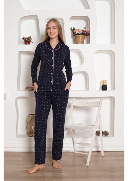 Boydan Düğmeli Gömlek Yaka Uzun Kol Kadın Pijama Takımı - Desenli Pamuklu Likralı Penye Cepli Alt modelleri