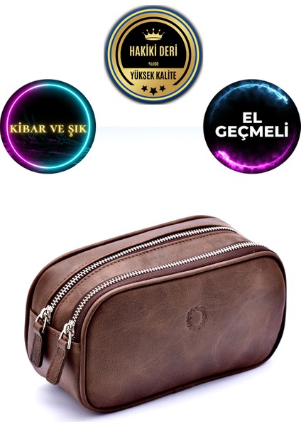 Empiero Antik Kahve Deri Çift Fermuarlı El Çantası ( El Geçmeli)