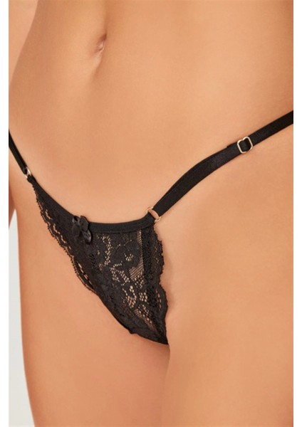 Önü Dantelli Tül Detaylı Siyah Tanga Külot fiyatları