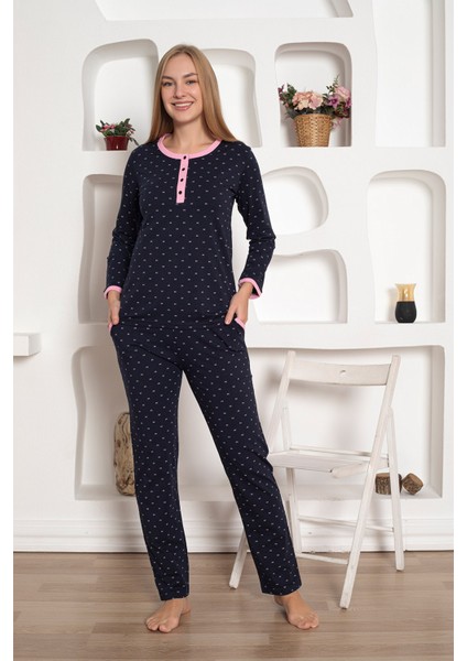 Desenli Kadın Pijama Takımı - 3 Düğmeli Uzun Kollu Likralı Penye Cepli Alt fiyatları
