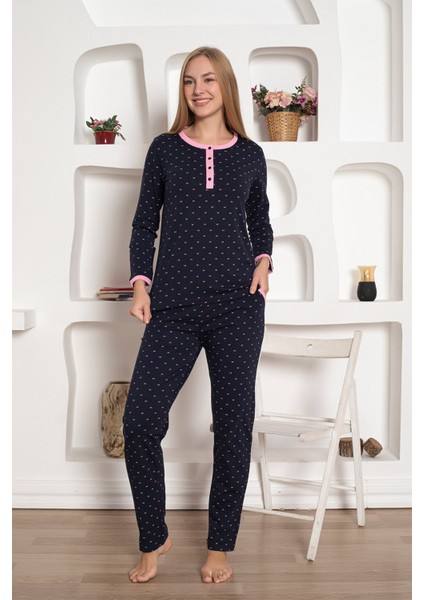 Desenli Kadın Pijama Takımı - 3 Düğmeli Uzun Kollu Likralı Penye Cepli Alt fırsatları