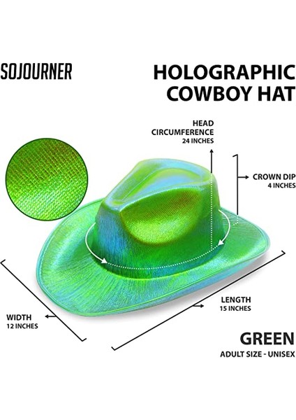 Neon Hologramlı Kovboy Model Parti Şapkası Yeşil Yetişkin 39X36X14 cm