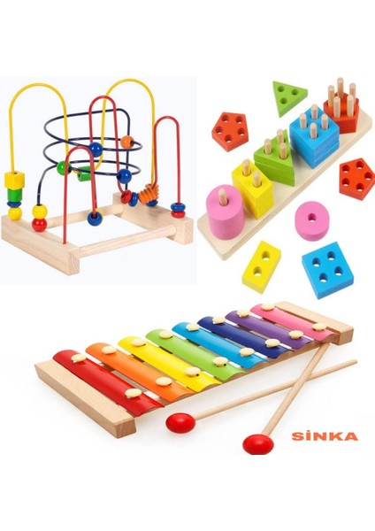Koordinasyon+Ksilofon+5'li Geometrik Ahşap Oyuncak Set
