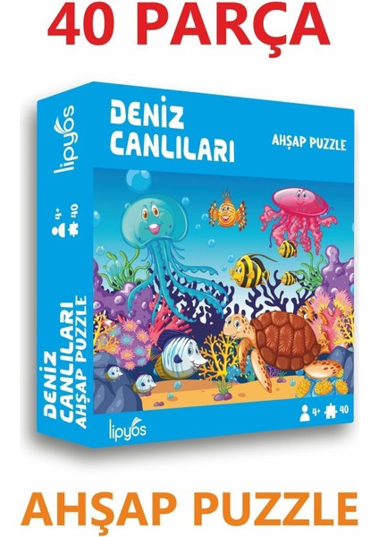 Deniz Canlıları, Kaplumboğa, Ahtapot 40 Parça Mini Ahşap Puzzle