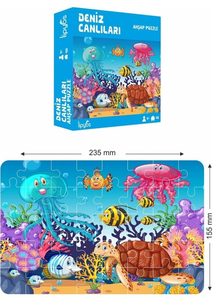 Deniz Canlıları, Kaplumboğa, Ahtapot 40 Parça Mini Ahşap Puzzle