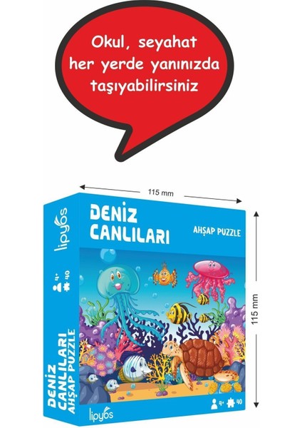 Deniz Canlıları, Kaplumboğa, Ahtapot 40 Parça Mini Ahşap Puzzle