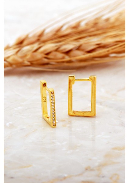 Dikdörtgen Taşlı Altın Kaplama Minimal Gümüş Küpe 7176