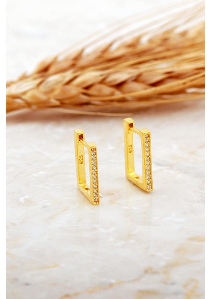 Dikdörtgen Taşlı Altın Kaplama Minimal Gümüş Küpe 7176 fiyatları