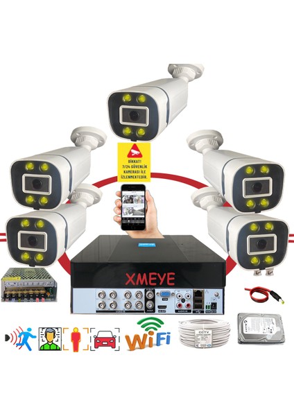 5'li Araç Yüz ve İnsan Tanımalı Hareket Algılayan 5 Mp Lens 4 Warm LED Gece Renkli Gösteren Güvenlik Kamera Seti BS604W