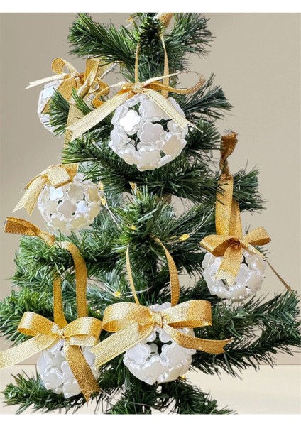 6 Adet Boncuk Yılbaşı Ağacı Süsü Yonca Yılbaşı Süsü Noel Ağacı Süsü Noel Süsü Beyaz Renk Süs 3c
