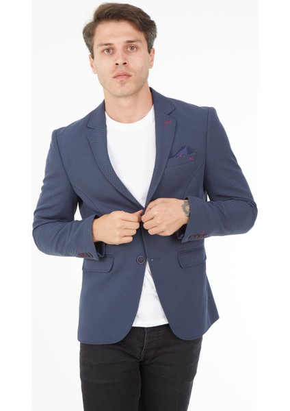 5121 Dar Kalıp Örme Kumaş Lacivert Erkek Blazer Ceket
