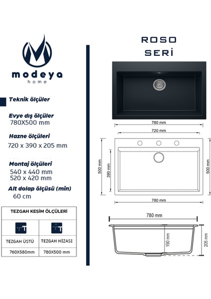 Granit Eviye Roso Seri RO-445 Tek Gözlü Mutfak Eviyesi Antrasit modelleri