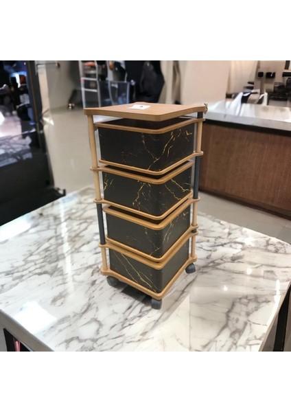 Siyah Kare Gold Desenli 4 Katlı Tekerlekli Çok Amaçlı Ahşap Patates Soğan Sepeti