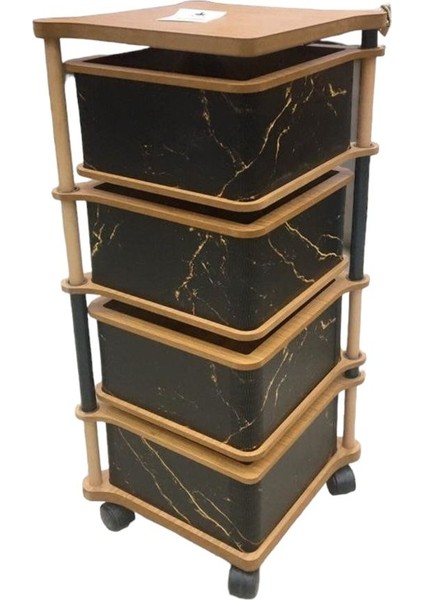 Siyah Kare Gold Desenli 4 Katlı Tekerlekli Çok Amaçlı Ahşap Patates Soğan Sepeti