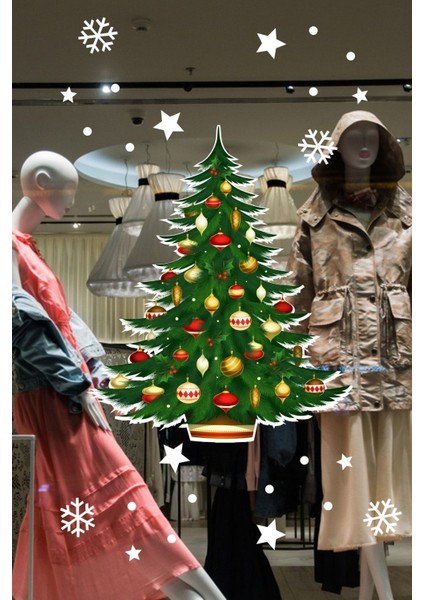 Yılbaşına Özel Kapı Için Çam Ağacı Yılbaşı Süslemesi ve Kar Tanesi Stickerları 45X45CM