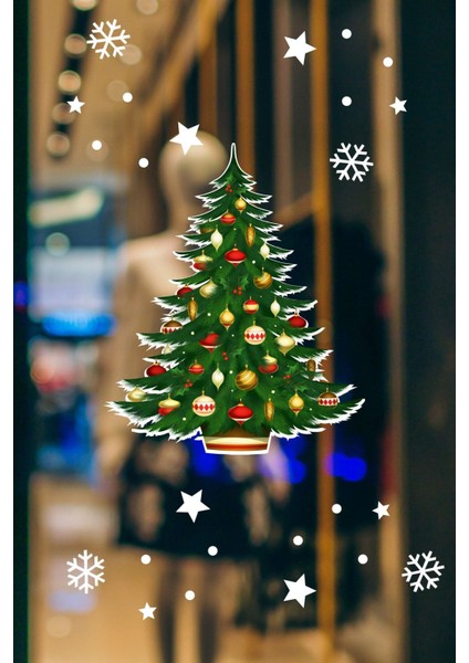 Yılbaşına Özel Kapı Için Çam Ağacı Yılbaşı Süslemesi ve Kar Tanesi Stickerları 45X45CM modelleri