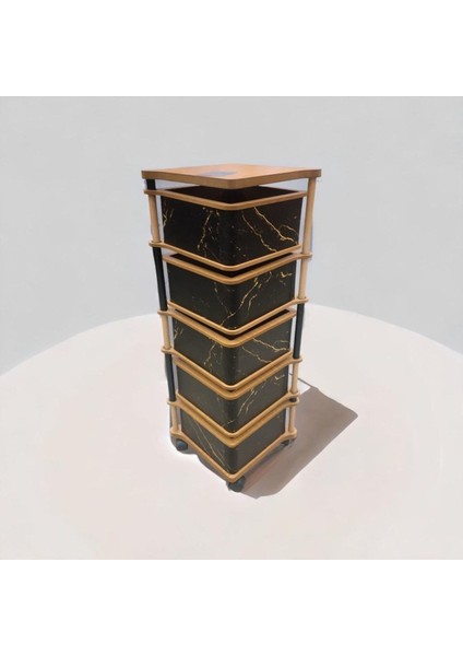 Siyah Kare Gold Desenli 5 Katlı Tekerlekli Çok Amaçlı Ahşap Patates Soğan Sepeti