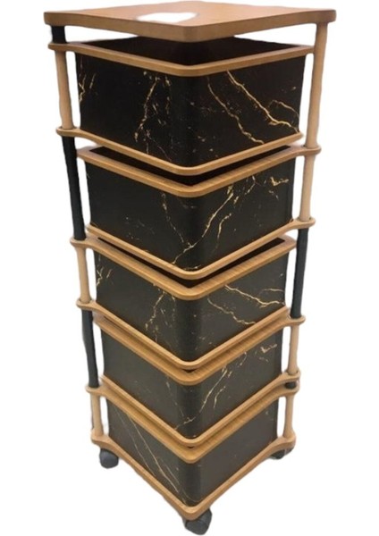 Siyah Kare Gold Desenli 5 Katlı Tekerlekli Çok Amaçlı Ahşap Patates Soğan Sepeti