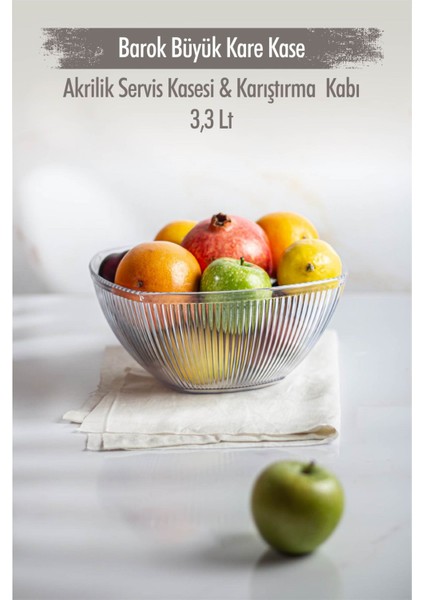 Akrilik Barok Şeffaf Büyük Kare Meyve & Salata Kasesi & Karıştırma Kabı / 3,3 Lt (Cam Değildir)