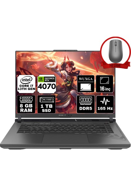 Rog Strıx G16 Intel Core I7-13650HX 8gb 1tb SSD RTX4070/8GB 16" Wuxga 165Hz Freedos Taşınabilir Bilgisayar G614JI-A2 & Anzar Mouse