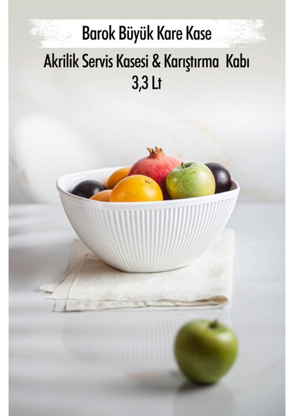 Akrilik Barok Beyaz Büyük Kare Meyve & Salata Kasesi & Karıştırma Kabı / 3,3 Lt (Cam Değildir)