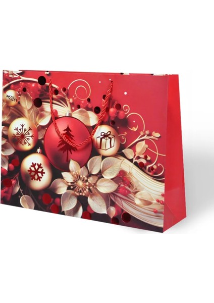 Yılbaşı Varak Baskılı Lüks Ipli Karton Çanta - Noel - 32X25X11 cm - 1 Adet - Ç041