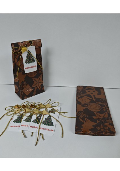 Yılbaşı Temalı Renkli Desenli Paketi Seti 8X20X5 cm -Hediye Poşeti - 10 Adet - Ç059