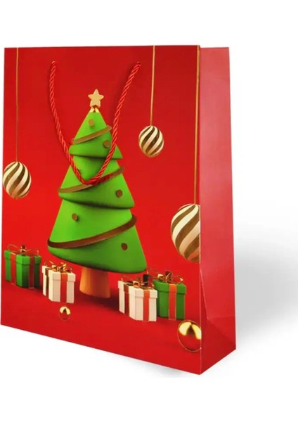 Yılbaşı Varak Baskılı Lüks Ipli Karton Çanta - Noel - 26X32X10 cm - 1 Adet - Ç037