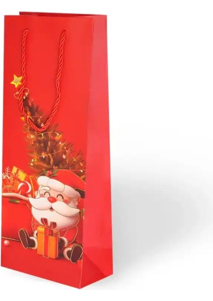 Yılbaşı Varak Baskılı Lüks Ipli Karton Çanta - Noel - Kırmızı - 12X35X9 cm - 1 Adet - Ç047