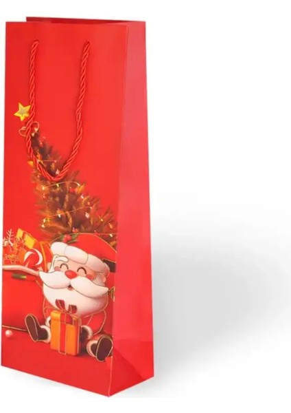 Yılbaşı Varak Baskılı Lüks Ipli Karton Çanta - Noel - Kırmızı - 12X35X9 cm - 1 Adet - Ç047