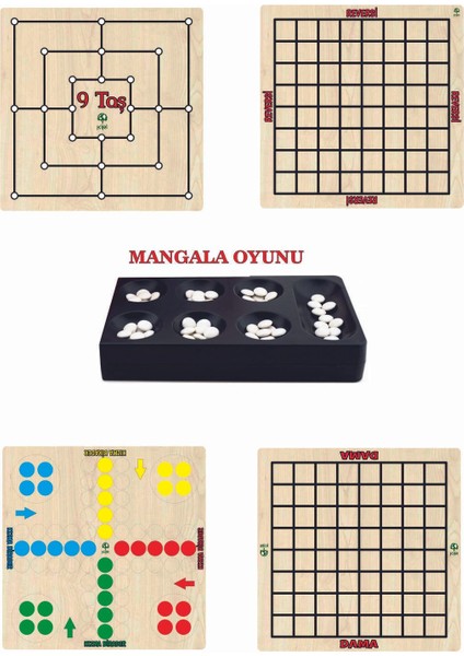 Ahşap zeka oyun seti 5'li, taşlar, reversi, mangala, dama, kızma birader, 4-8 kişi, 4+ yaş