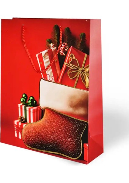 Yılbaşı Varak Baskılı Lüks Ipli Karton Çanta - Noel - 26X32X10 cm - 1 Adet - Ç035