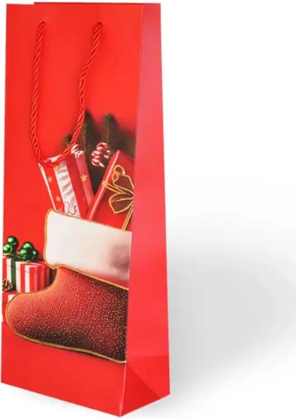 Yılbaşı Varak Baskılı Lüks Ipli Karton Çanta - Noel - Kırmızı - 12X35X9 cm - 1 Adet - Ç046