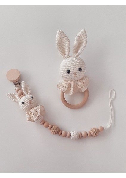 0 - 1 Yaş Amigurumi Diş Kaşıyıcı ve Emzik Zinciri Ahşap Ekru