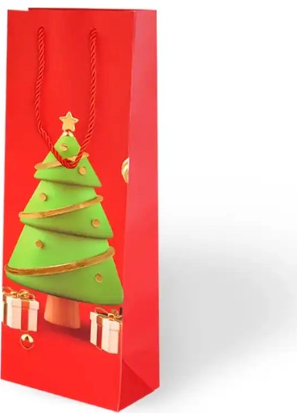 Yılbaşı Varak Baskılı Lüks Ipli Karton Çanta - Noel - Kırmızı - 12X35X9 cm - 1 Adet - Ç045