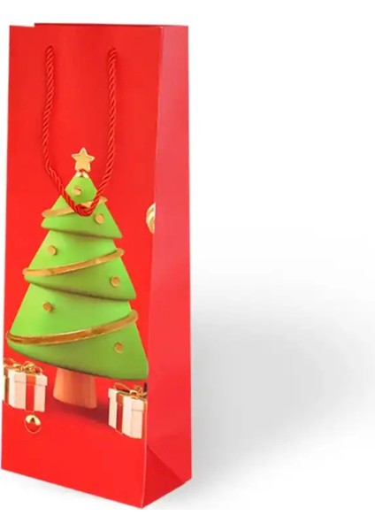 Yılbaşı Varak Baskılı Lüks Ipli Karton Çanta - Noel - Kırmızı - 12X35X9 cm - 1 Adet - Ç045