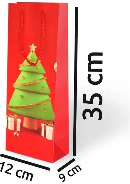 Yılbaşı Varak Baskılı Lüks Ipli Karton Çanta - Noel - Kırmızı - 12X35X9 cm - 1 Adet - Ç045
