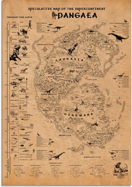 Pangea ve Dinazorlar Çağı Fantastik Haritası 50*70CM, Jurassic Periyot Poster