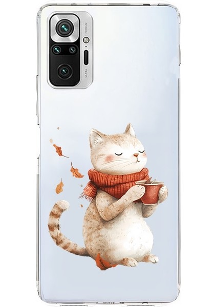 Xiaomi Redmi Note 10 Pro Uyumlu Kahve Içen Kedi Desenli Silikon Kılıf