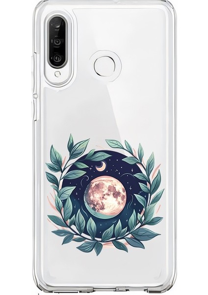 Huawei P30 Lite Uyumlu Çiçekli Ay Desenli Silikon Kılıf