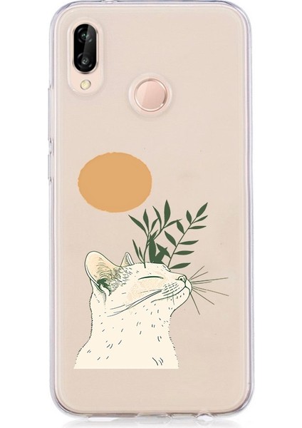 Huawei P20 Lite Uyumlu Zarif Kedi Desenli Silikon Kılıf