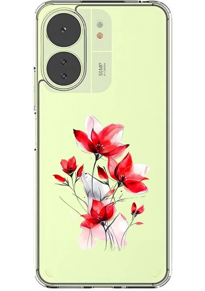 Poco C65 Uyumlu Kırmızı Çiçek Desenli Silikon Kılıf