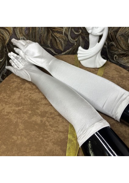 Kırık Beyaz Uzun Saten Eldiven