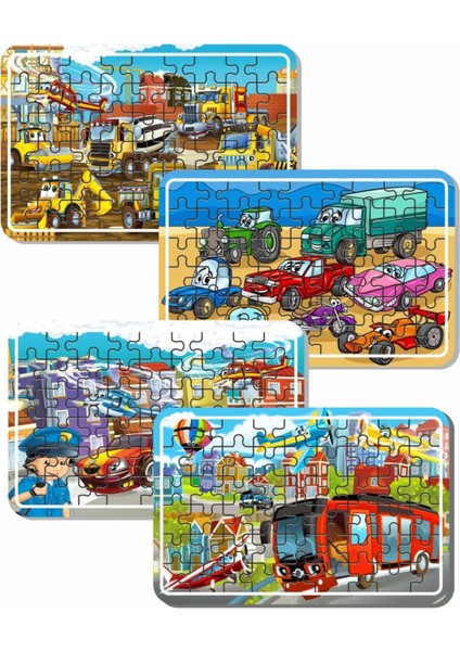 Iş Makinaları, Arabalar, Helikopter, Polis ve Araçlardan Oluşan Ahşap Puzzle Set