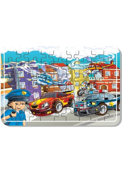 Iş Makinaları, Arabalar, Helikopter, Polis ve Araçlardan Oluşan Ahşap Puzzle Set