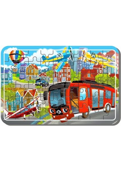 Iş Makinaları, Arabalar, Helikopter, Polis ve Araçlardan Oluşan Ahşap Puzzle Set