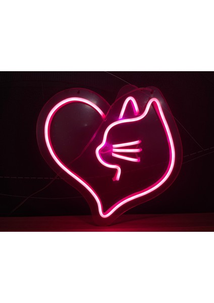 Neon LED Duvar Dekoratif Aydınlatma -Kedi Kalp, 25X25CM-